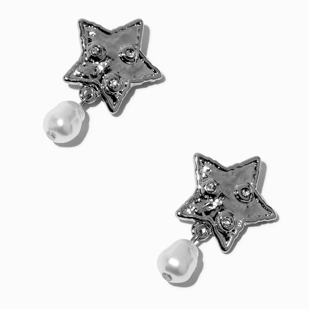 Silver-tone Hammered Star & Pearl Drop Earrings