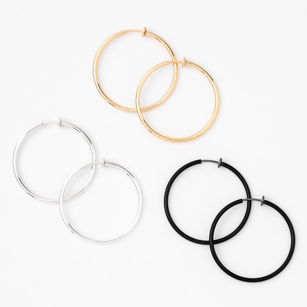 Mixed Metal 40MM Clip On Hoop Earrings - 3 Pack