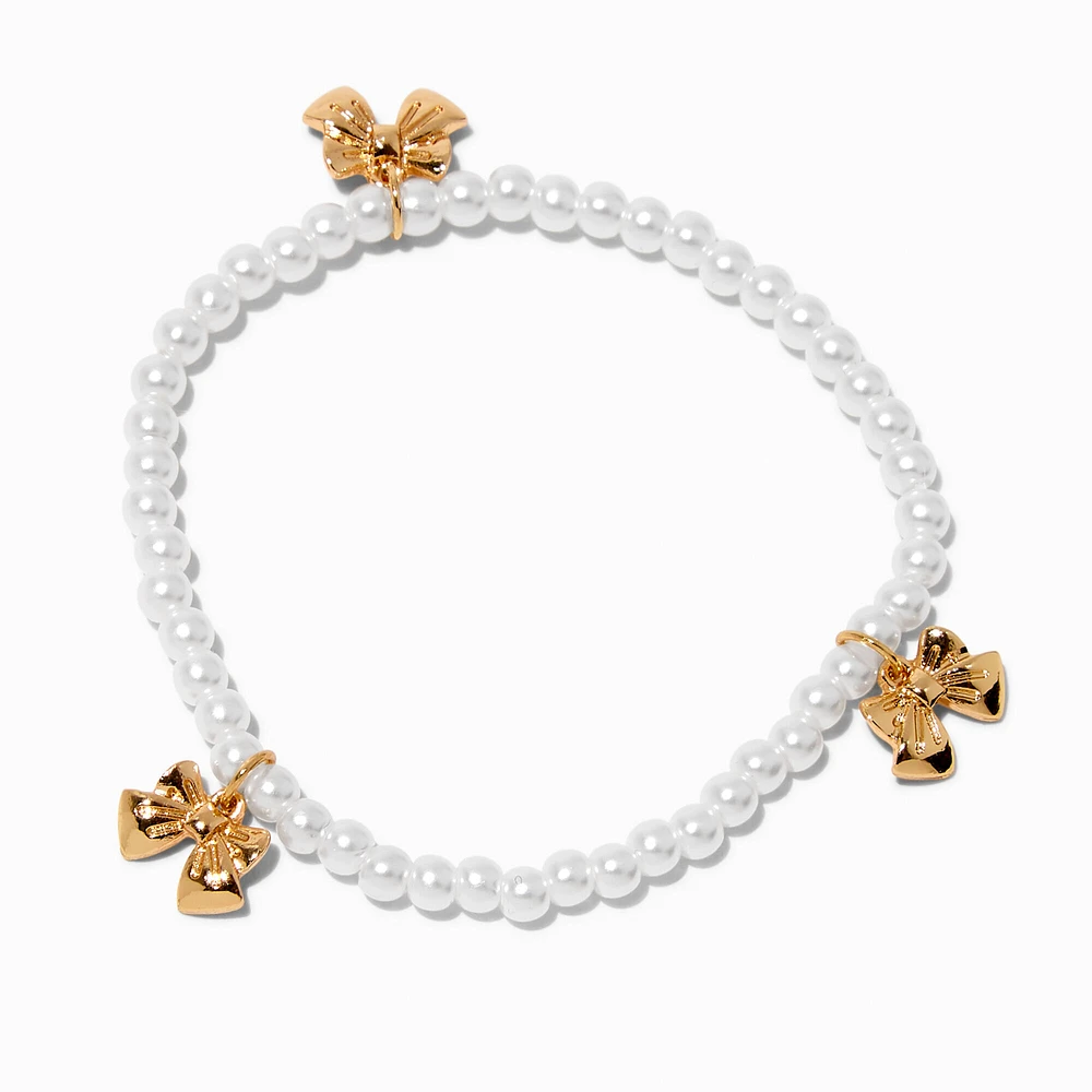 Gold-tone Bow & Pearl Beaded Stretch Bracelet