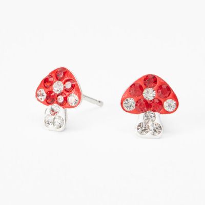Sterling Silver Embellished Mushroom Stud Earrings - Red