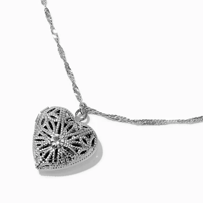 Silver-tone Filigree Heart Locket Pendant Necklace
