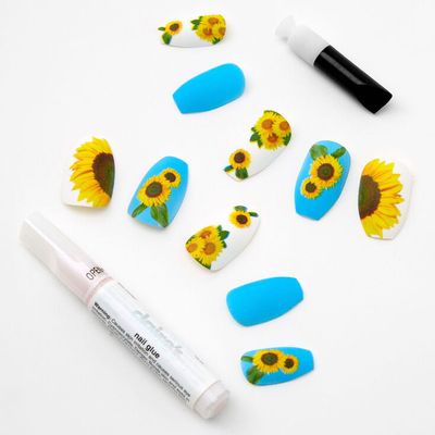 Blue Sunflowers Stiletto Faux Nail Set - 24 Pack