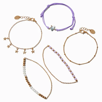 Gold-tone Celestial Beaded & Purple Woven Bracelet Set - 5 Pack