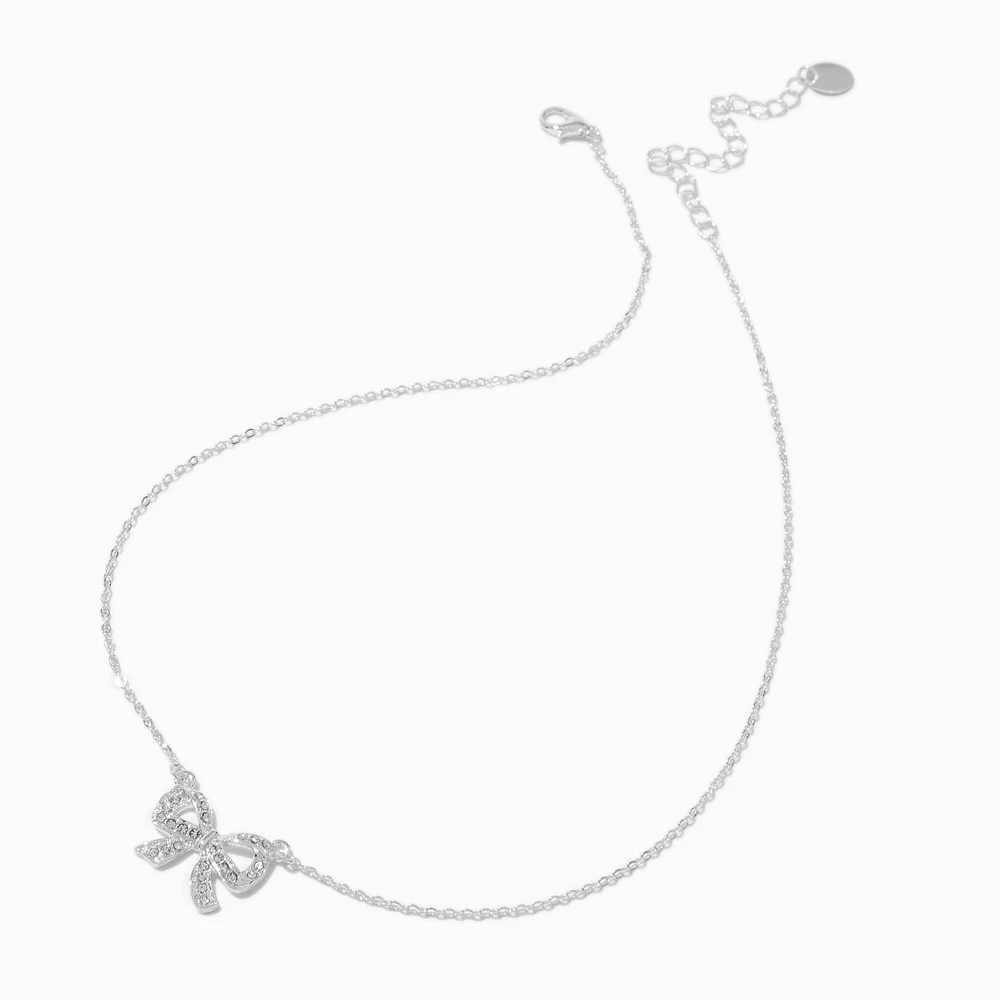 Silver-tone Crystal Bow Pendant Necklace