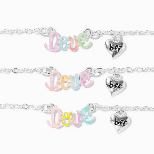 Silver Love Charms Adjustable Bangle Bracelets - 3 Pack