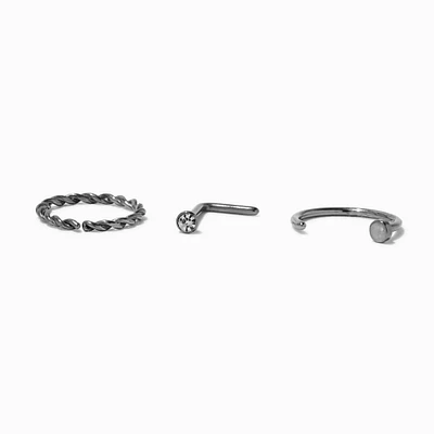 20G Silver-tone Titanium Nose Studs & Twisted Hoop - 3 Pack