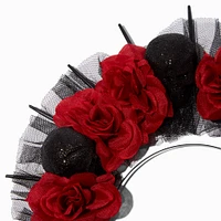 Red Floral & Black Glitter Skull Spiked Halo Headband