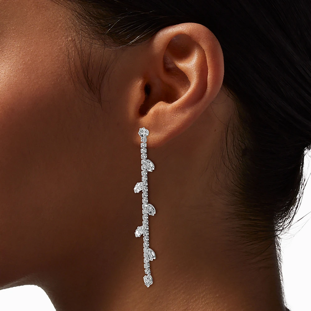 Silver-tone Cubic Zirconia Leaf Drop Earrings