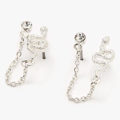 Silver Snake Connector Chain Stud Earrings