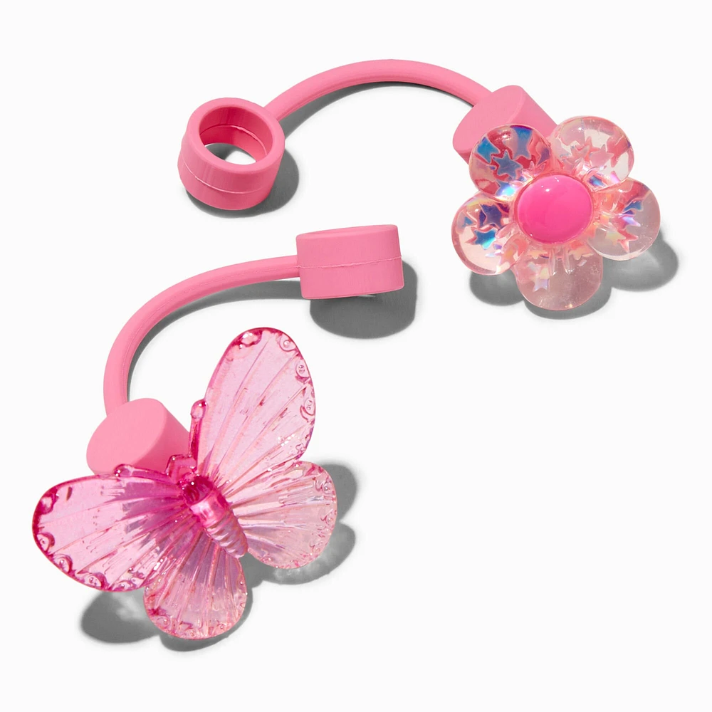 Pink Flower & Butterfly Straw Covers - 2 Pack