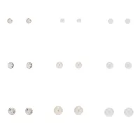 Silver Graduated Crystal Pearl Stud Earrings - 9 Pack