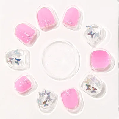 Claire's Club Butterfly Pink Glitter Square Vegan Press On Faux Nail Set - 10 Pack