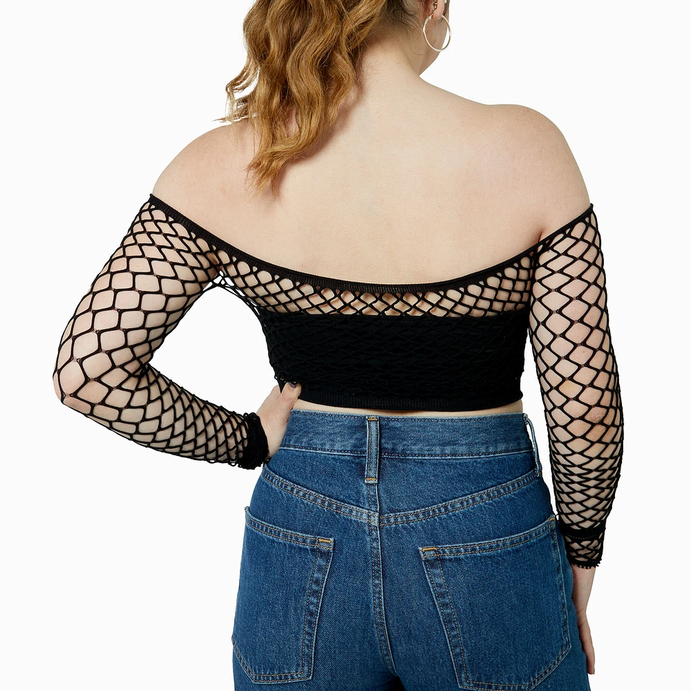 Black Fishnet Long-Sleeve Crop Top