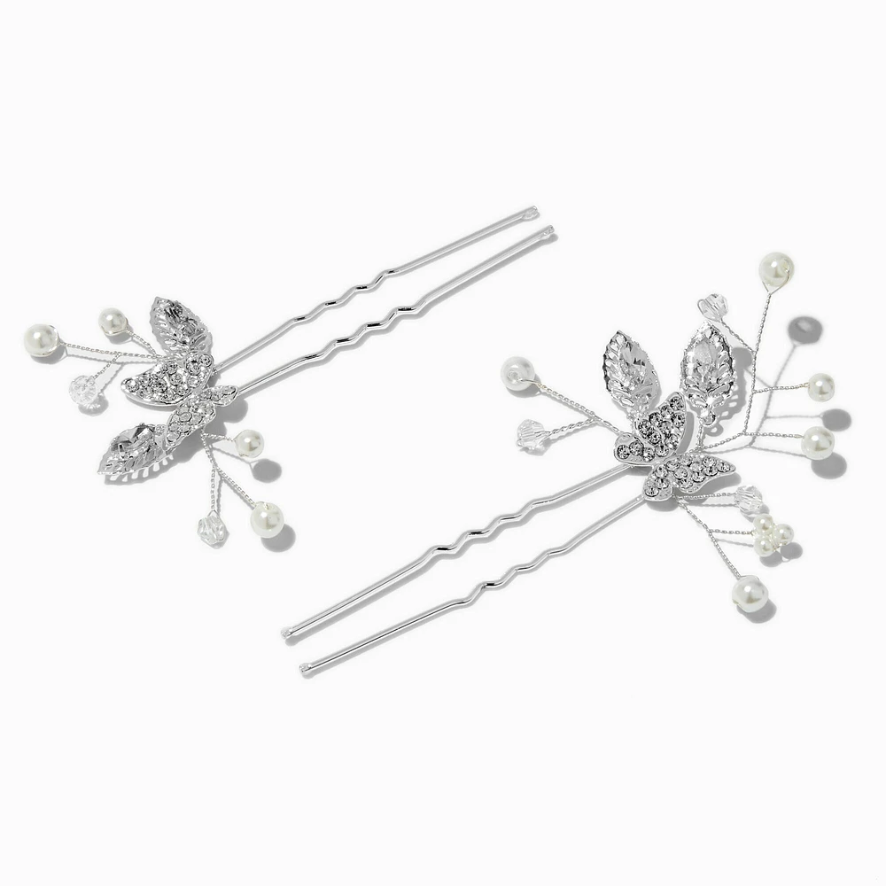 Silver-tone Crystal Butterfly & Pearl Spray Hair Pins - 2 Pack