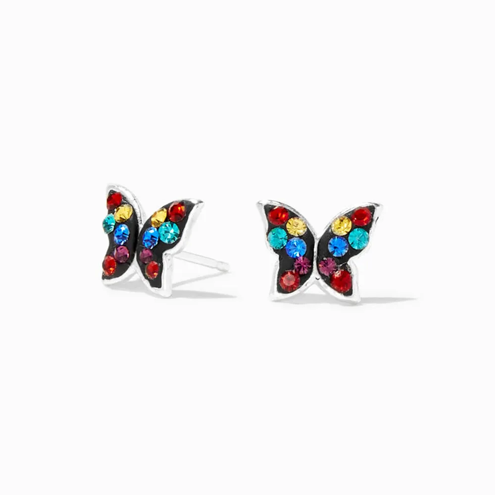 Sterling Silver Rainbow Crystal Butterfly Stud Earrings