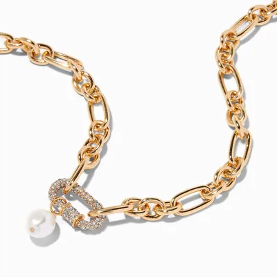 Gold Pavé Pearl Carabiner Figaro Chain Necklace