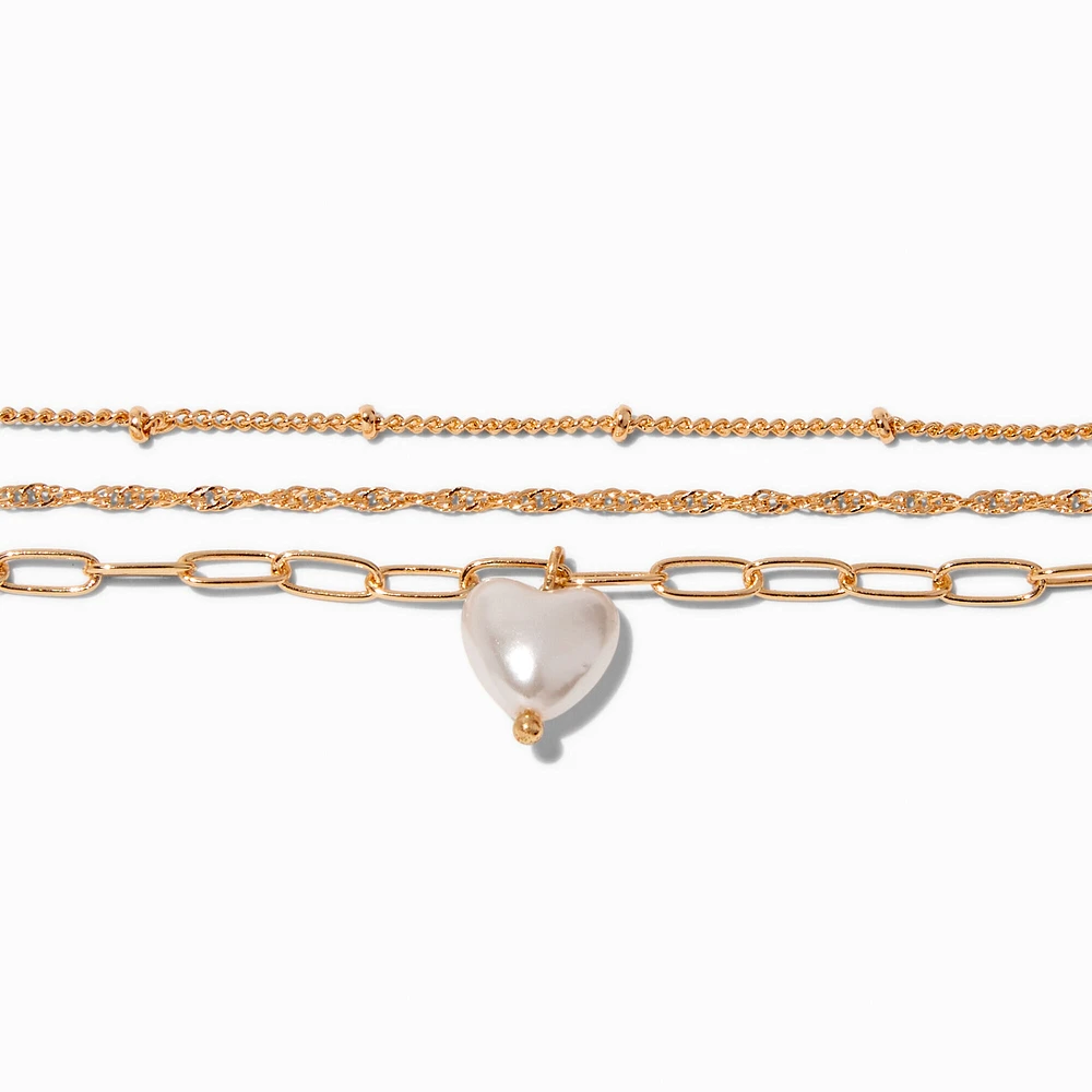 Gold-tone Faux Pearl Heart Multi-Strand Bracelet