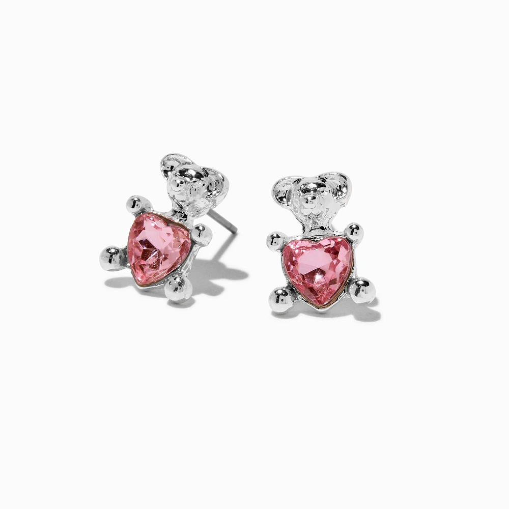 Pink Crystal Teddy Bear Stud Earrings