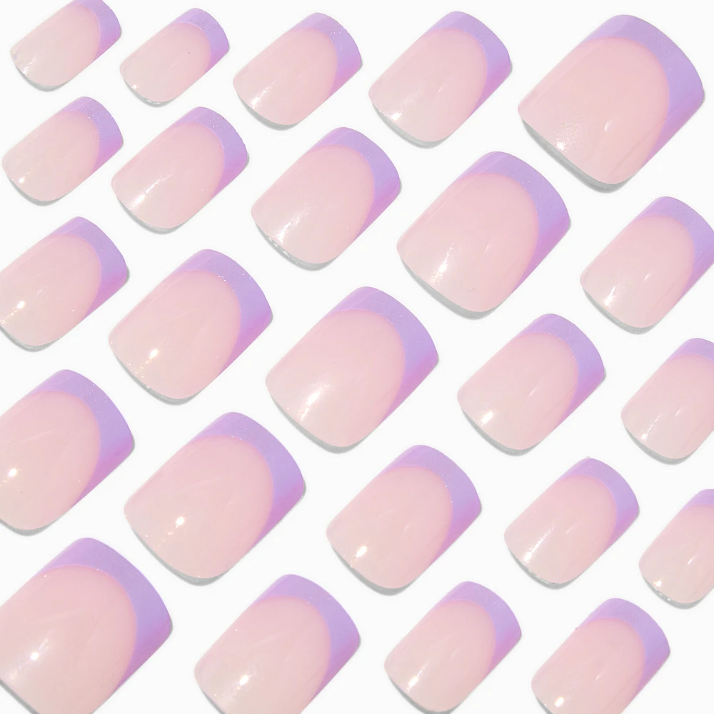 Holographic Purple French Tip Medium Square Vegan Faux Nail Set - 24 Pack