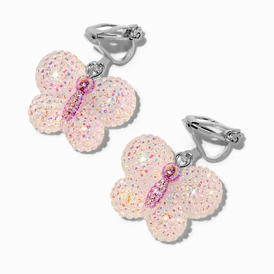 Pink Butterfly Textured Clip-On Drop Earrings