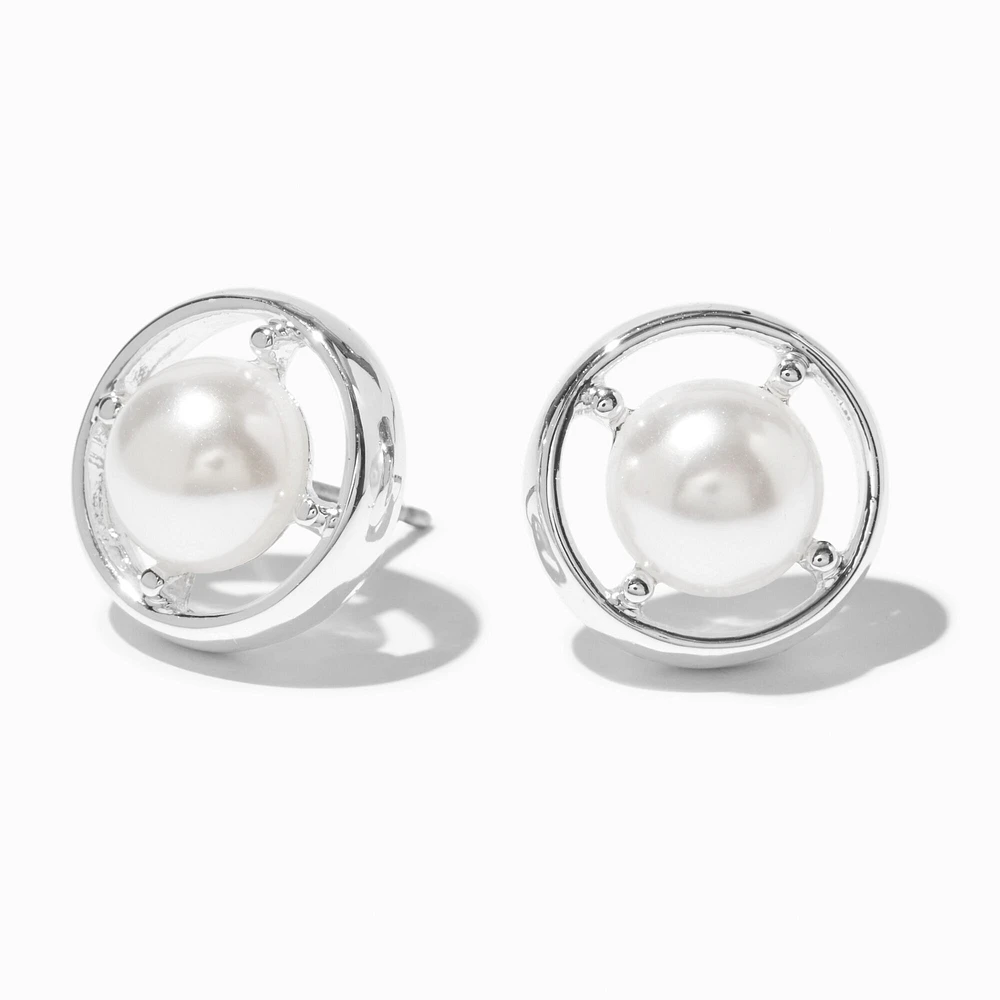 Silver-tone Pearl Compass Stud Earrings