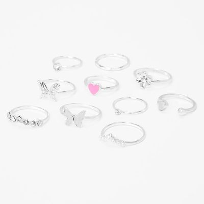 Silver & Pink Mixed Butterfly Heart Rings - 10 Pack