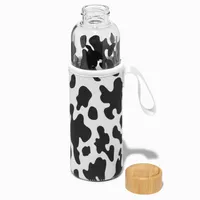 Black & White Cow Print Glass Water Bottle with Sleeve