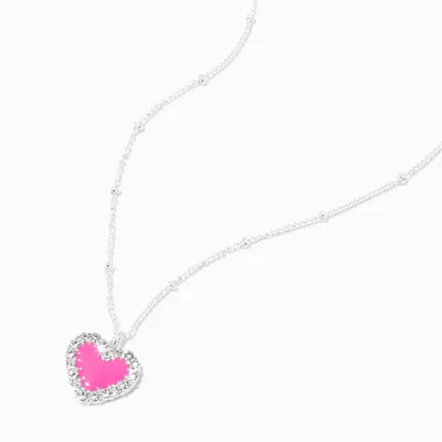 Pink Heart Crystal Halo Silver Pendant Necklace