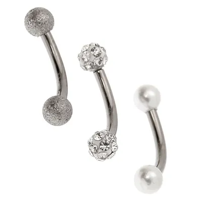 Silver Titanium 16G Bar Fireball Pearl Rook Earrings - 3 Pack
