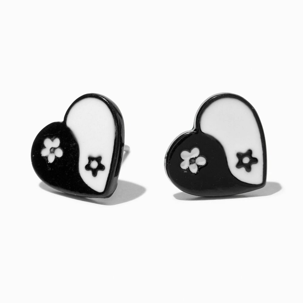 Yin Yang Heart Silver-tone Stud Earrings