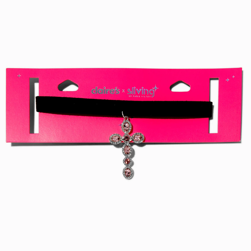 Claire's x Sliving by Paris Hilton Pink Crystal Cross Choker Necklace