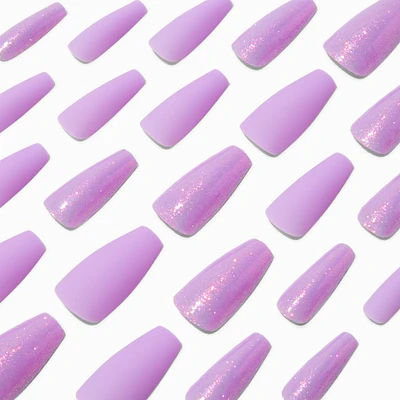 Lilac Glitter Squareletto Vegan Faux Nail Set - 24 Pack