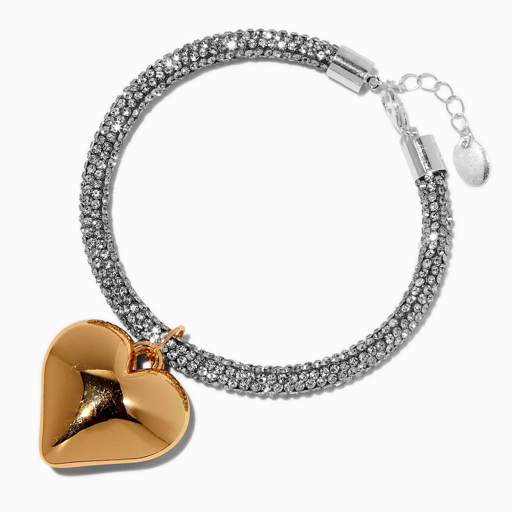 Mixed Metal Rhinestone Pavé with Puffy Heart Charm Bracelet