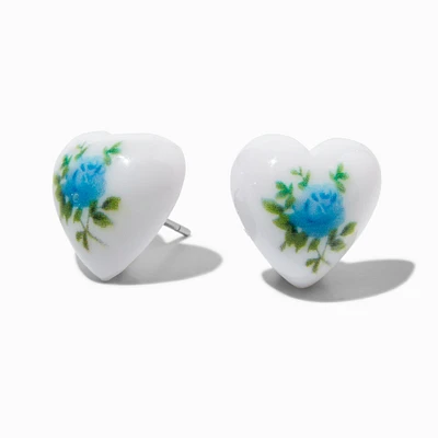 Blue Flower & White Heart Stud Earrings