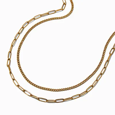 Gold-tone Stainless Steel Curb & Paperclip Chain Necklaces - 2 Pack