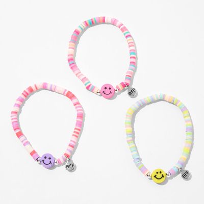 Best Friends Rainbow Disc Happy Face Charm Stretch Bracelets (3 Pack)