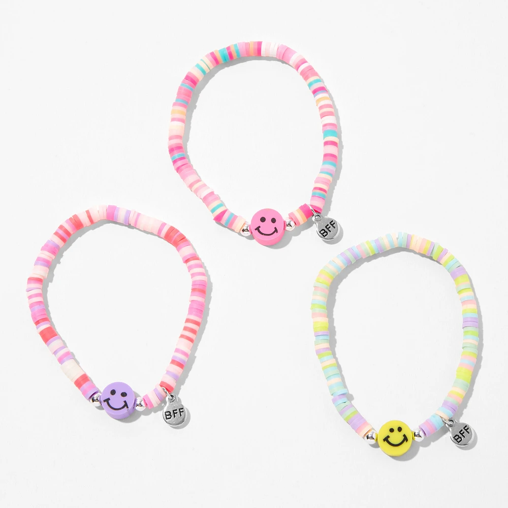 Best Friends Beaded Happy Face Charm Stretch Bracelets - 3 Pack