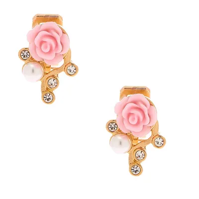 Gold Crystal Rose Clip On Earrings - Pink