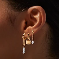 Gold-tone Lock & Pearl Earring Stackables Set - 3 Pack