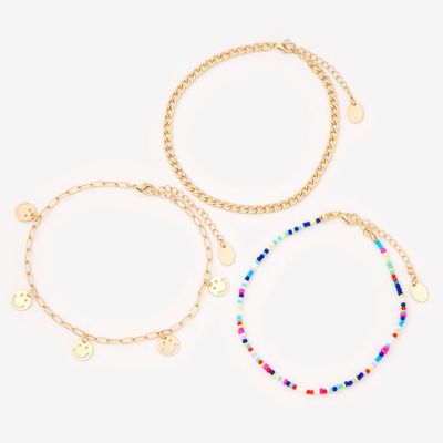 Gold Beaded & Happy Face Chain Anklets - 3 Pack