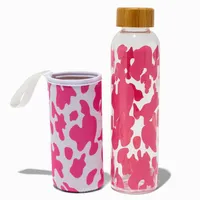 Pink Cow Print Glass Water Bottle with Sleeve