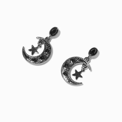 Black 1" Crescent Moon Star Drop Earrings