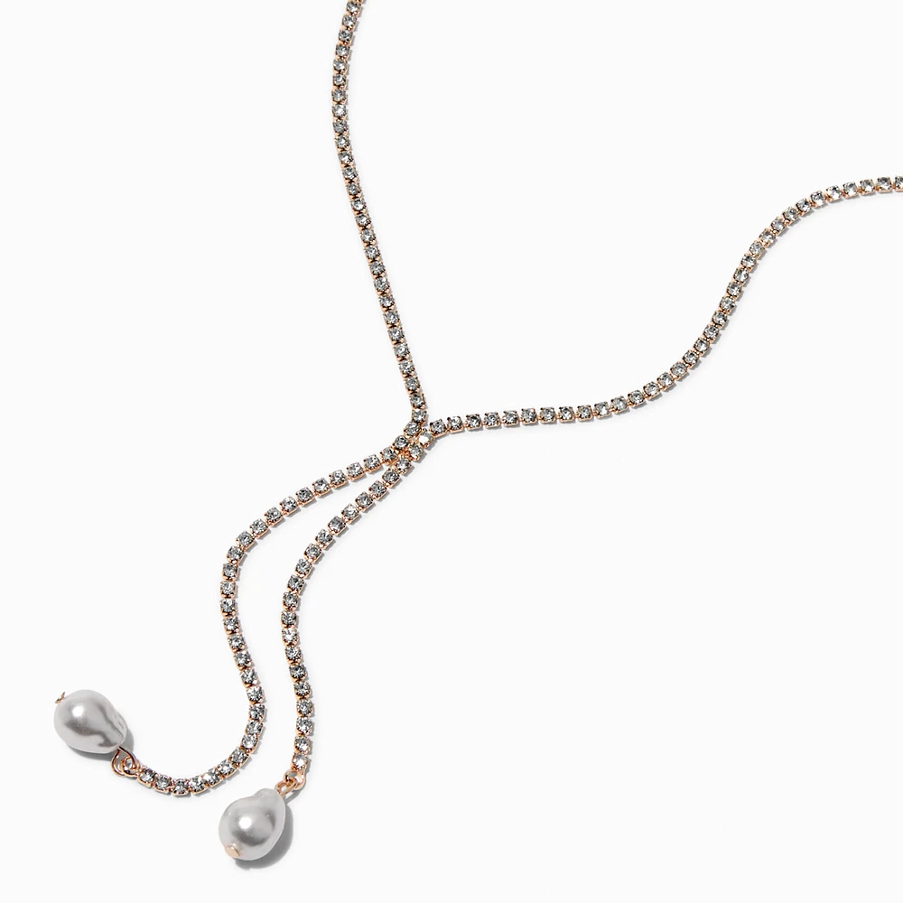 Rose Gold-tone Rhinestone Y-Neck Blush Pearl Necklace