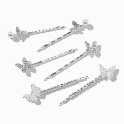 Silver-tone Butterfly Rhinestone Pearl Hair Pins - 6 Pack