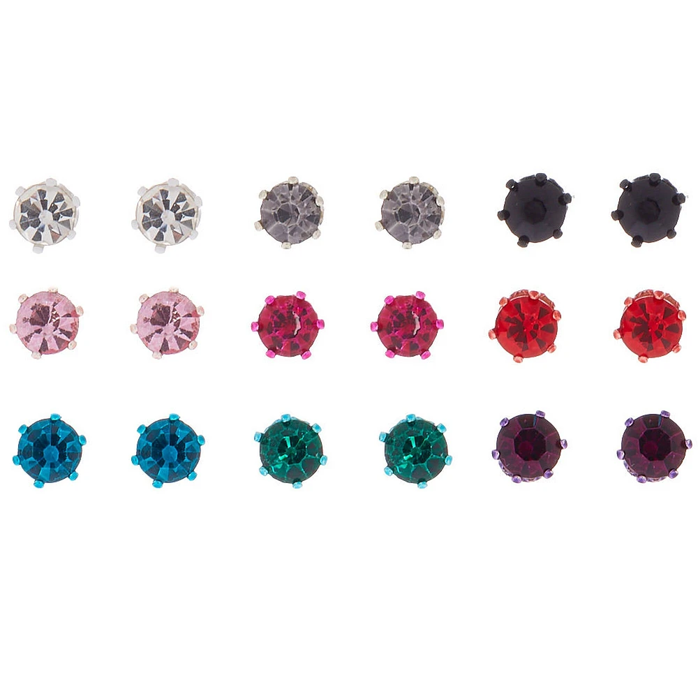 Silver Cool Tone Crystal Stud Earrings - 9 Pack