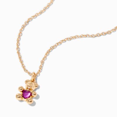 Gold February Birthstone Teddy Bear Pendant Necklace