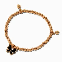 Black Enamel Butterfly & Gold-tone Beaded Stretch Bracelet