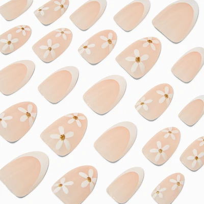 White Daisy French Tip Short Almond Vegan Faux Nail Set - 24 Pack