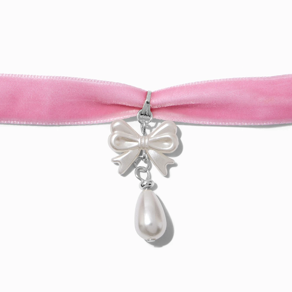 Pink Velvet Pearl Bow Pendant Choker Necklace