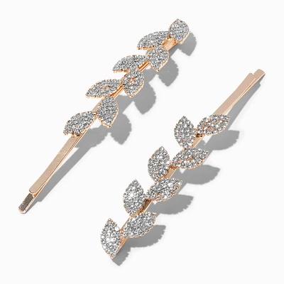 Rose Gold Pavé Crystal Leaf Hair Pins - 2 Pack